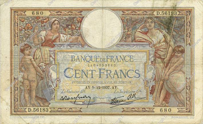 100 Francs LUC OLIVIER MERSON type modifié FRANCE  1937 F.25.05 TB