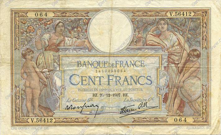 100 Francs LUC OLIVIER MERSON type modifié FRANCE  1937 F.25.06 TTB