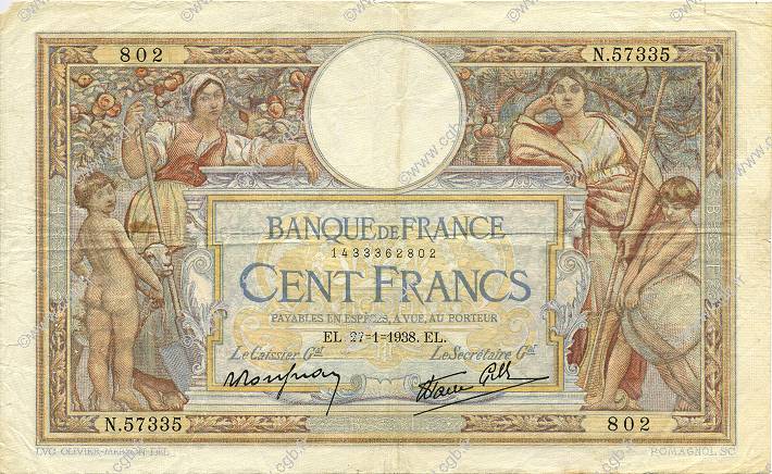 100 Francs LUC OLIVIER MERSON type modifié FRANCE  1938 F.25.09 TB+