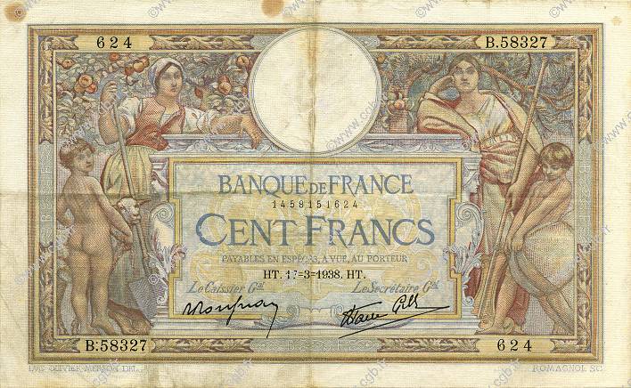 100 Francs LUC OLIVIER MERSON type modifié FRANCE  1938 F.25.13 TTB