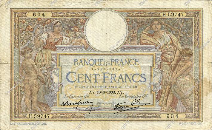 100 Francs LUC OLIVIER MERSON type modifié FRANCE  1938 F.25.23 TB
