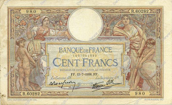 100 Francs LUC OLIVIER MERSON type modifié FRANCE  1938 F.25.26 TB+