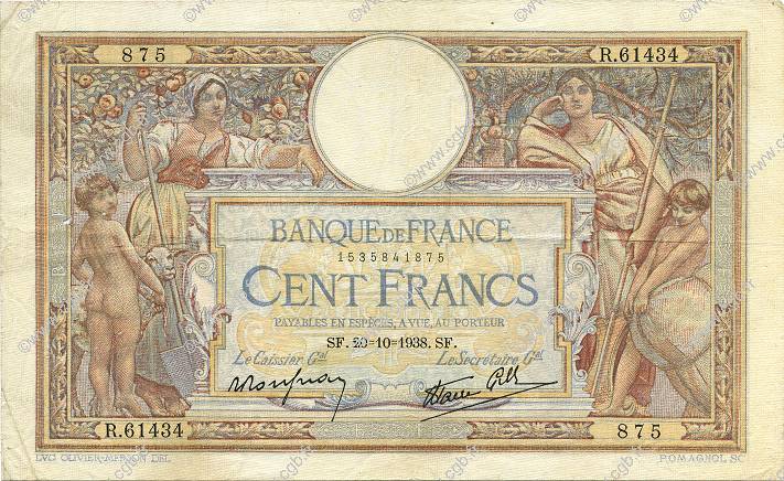 100 Francs LUC OLIVIER MERSON type modifié FRANCE  1938 F.25.32 TB+