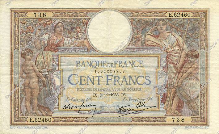 100 Francs LUC OLIVIER MERSON type modifié FRANCE  1938 F.25.34 TTB
