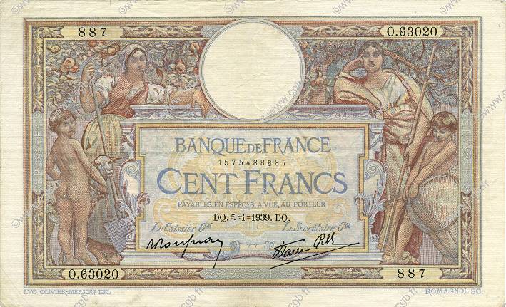 100 Francs LUC OLIVIER MERSON type modifié FRANCE  1939 F.25.38 pr.TTB