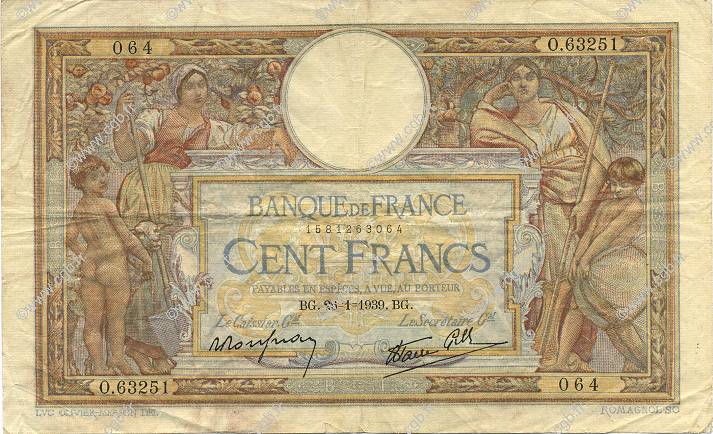 100 Francs LUC OLIVIER MERSON type modifié FRANCE  1939 F.25.40 TTB