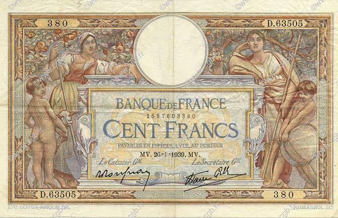 100 Francs LUC OLIVIER MERSON type modifié FRANCE  1939 F.25.40 TTB