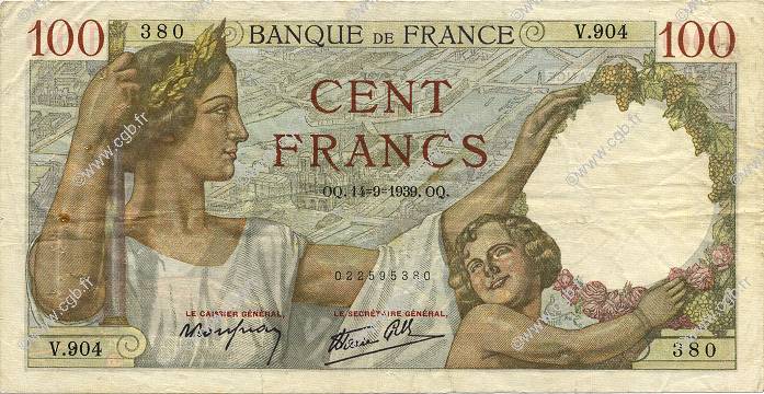 100 Francs SULLY FRANCIA  1939 F.26.06 MBC