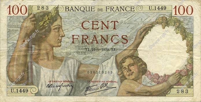 100 Francs SULLY FRANCE  1939 F.26.07 TB+