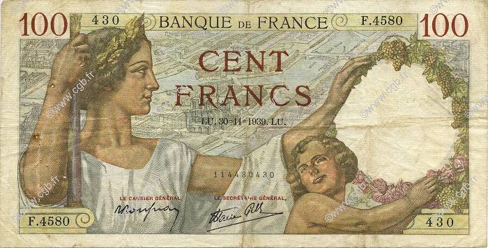 100 Francs SULLY FRANCE  1939 F.26.16 TB