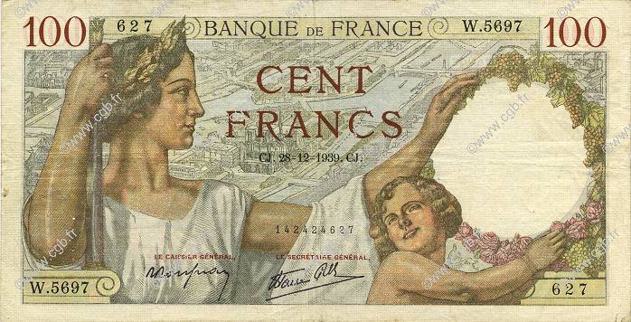 100 Francs SULLY FRANCE  1939 F.26.19 TB