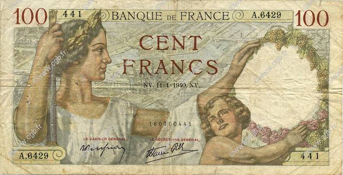 100 Francs SULLY FRANCE  1940 F.26.20 B+