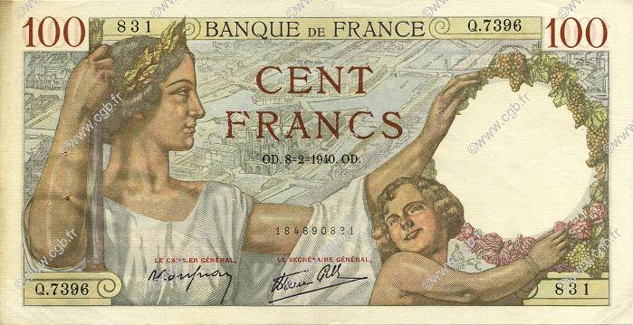 100 Francs SULLY FRANCE  1940 F.26.22 SUP