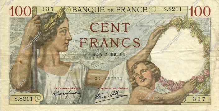 100 Francs SULLY FRANCE  1940 F.26.24 TTB