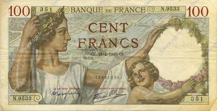 100 Francs SULLY FRANCE  1940 F.26.27 TTB