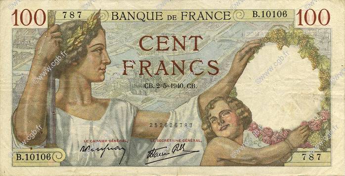 100 Francs SULLY FRANCE  1940 F.26.28 TTB