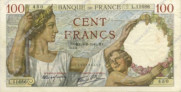 100 Francs SULLY FRANCE  1940 F.26.31 TTB