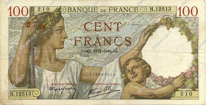 100 Francs SULLY FRANCE  1940 F.26.33 TB à TTB