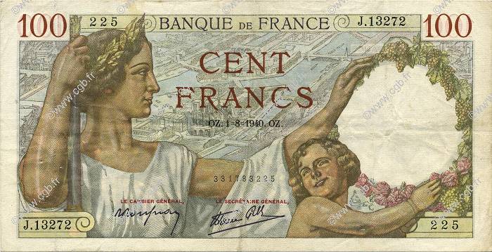 100 Francs SULLY FRANCE  1940 F.26.34 TB+