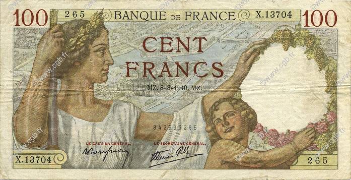 100 Francs SULLY FRANCE  1940 F.26.35 TB