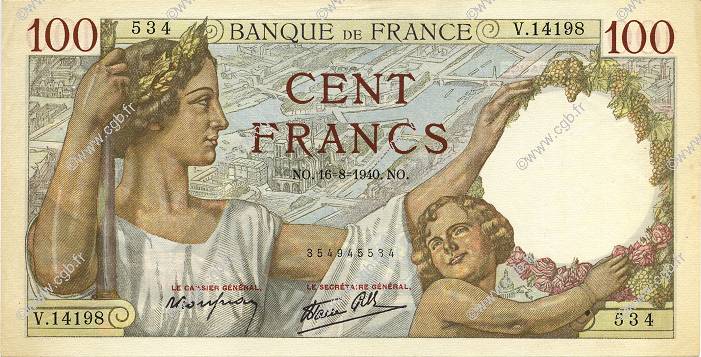 100 Francs SULLY FRANCE  1940 F.26.36 pr.SPL