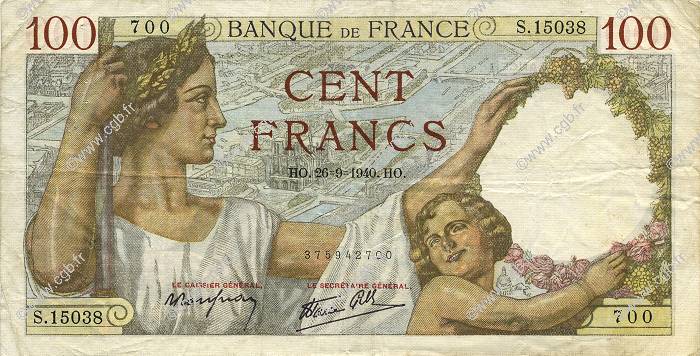 100 Francs SULLY FRANCE  1940 F.26.38 TTB
