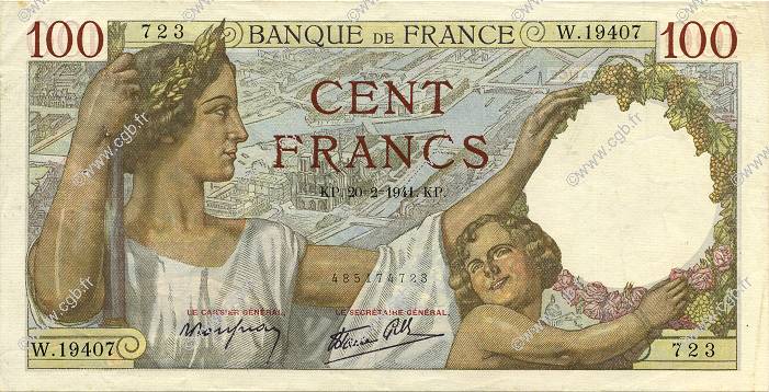 100 Francs SULLY FRANCE  1941 F.26.47 SUP