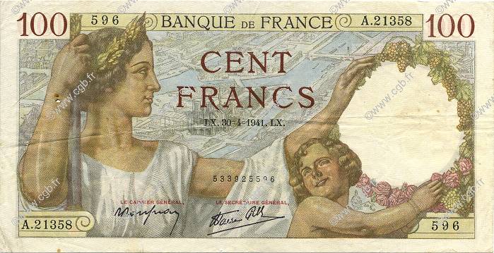 100 Francs SULLY FRANCE  1941 F.26.51 TTB
