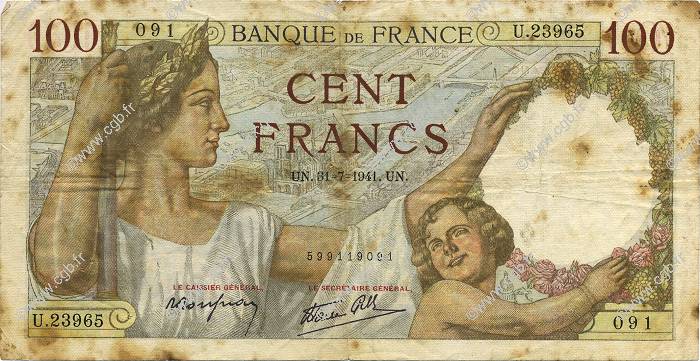 100 Francs SULLY FRANCE  1941 F.26.56 B+