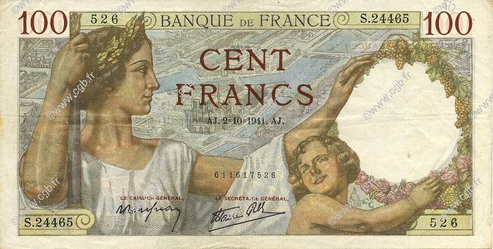 100 Francs SULLY FRANCE  1941 F.26.58 TTB