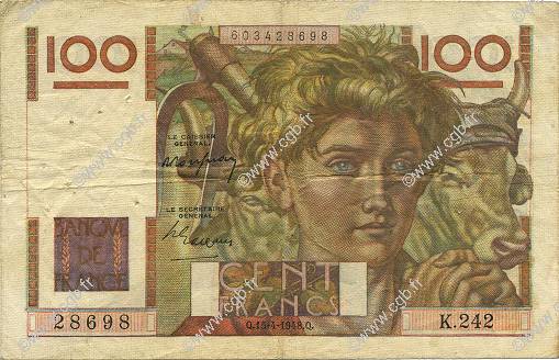 100 Francs JEUNE PAYSAN FRANCE  1948 F.28.17 TB+