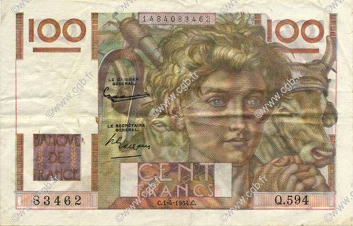 100 Francs JEUNE PAYSAN FRANCE  1954 F.28.43 TTB+