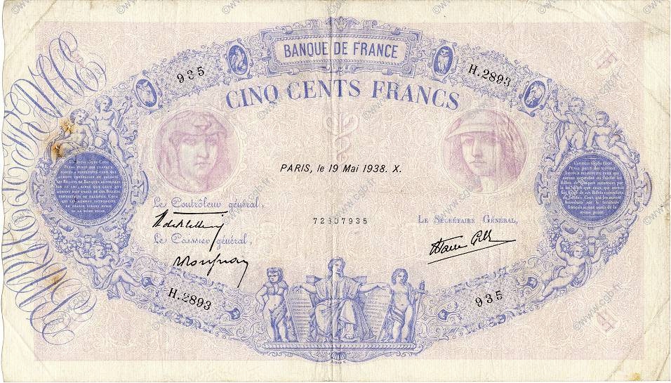 500 Francs BLEU ET ROSE modifié FRANCE  1938 F.31.11 TB