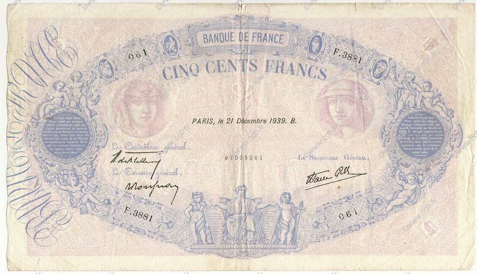 500 Francs BLEU ET ROSE modifié FRANCE  1939 F.31.53 TB