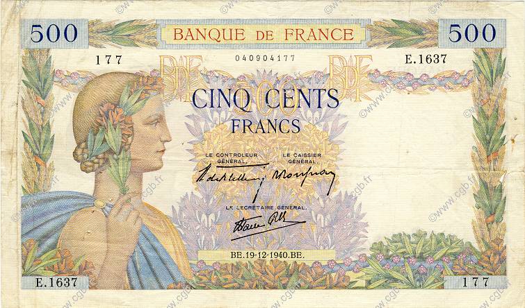 500 Francs LA PAIX FRANCE  1940 F.32.11 pr.TTB