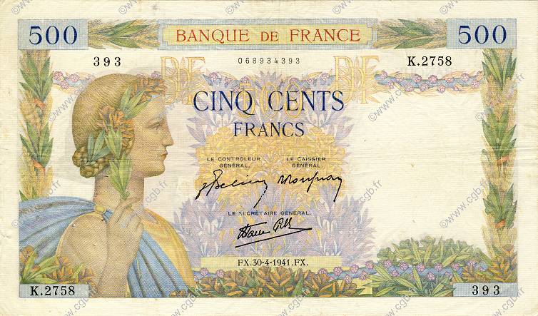 500 Francs LA PAIX FRANCE  1941 F.32.15 TTB