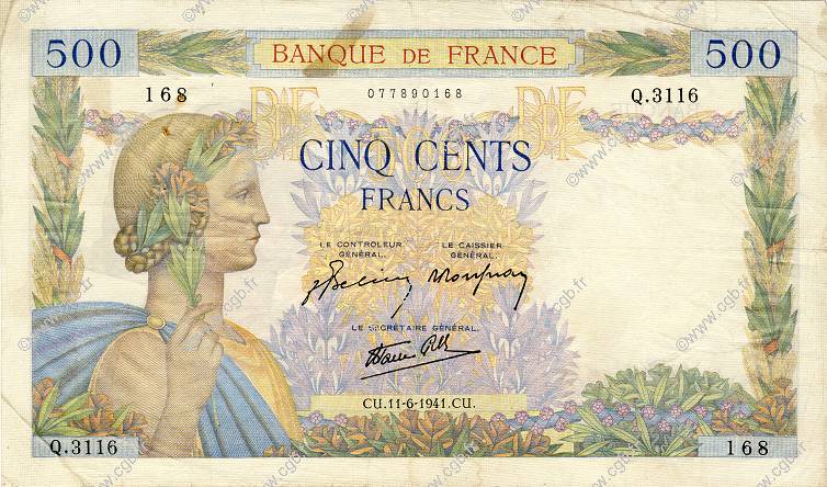 500 Francs LA PAIX FRANCE  1941 F.32.18 pr.TTB