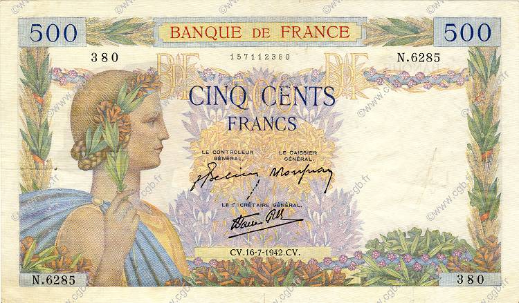 500 Francs LA PAIX FRANCE  1942 F.32.37 TTB