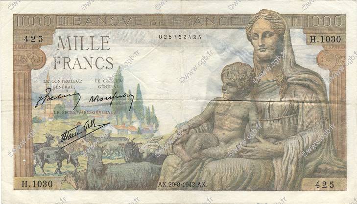 1000 Francs DÉESSE DÉMÉTER FRANCE  1942 F.40.05 TTB