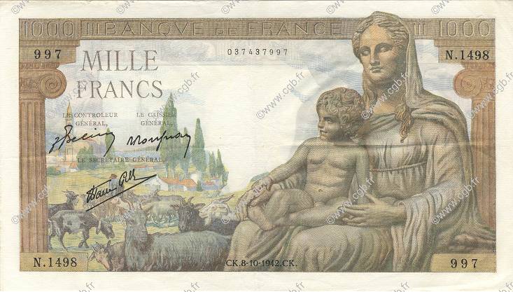 1000 Francs DÉESSE DÉMÉTER FRANCE  1942 F.40.08 pr.SUP