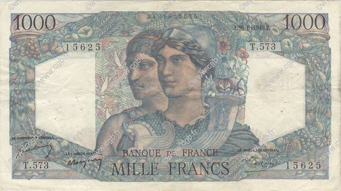 1000 Francs MINERVE ET HERCULE FRANCE  1949 F.41.27 TB+