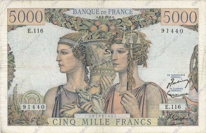 5000 Francs TERRE ET MER FRANCE  1953 F.48.08 B+