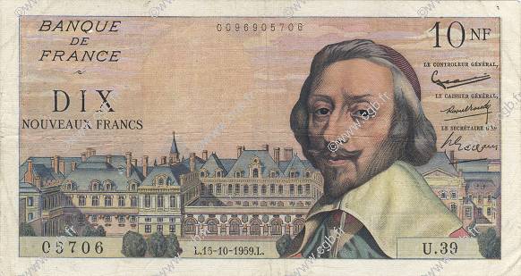 10 Nouveaux Francs RICHELIEU FRANCE  1959 F.57.03 TB