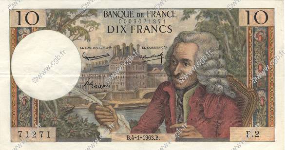 10 Francs VOLTAIRE FRANCE  1963 F.62.01 TTB à SUP