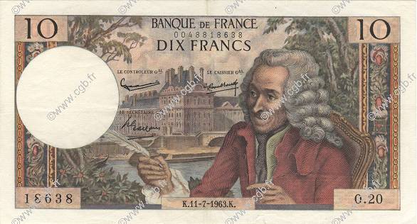 10 Francs VOLTAIRE FRANCE  1963 F.62.03 SUP+