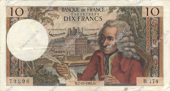 10 Francs VOLTAIRE FRANCE  1965 F.62.16 TB