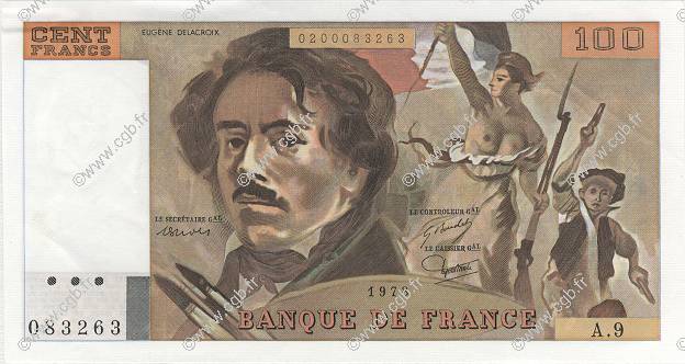 100 Francs DELACROIX modifié FRANCE  1978 F.69.01h pr.NEUF