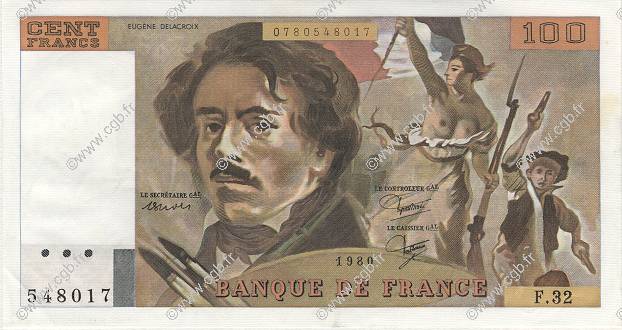 100 Francs DELACROIX modifié FRANCE  1980 F.69.04a SPL