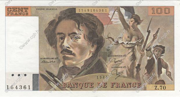 100 Francs DELACROIX modifié FRANCE  1984 F.69.08a SPL+