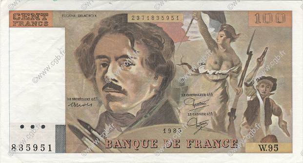 100 Francs DELACROIX modifié FRANCE  1985 F.69.09 SUP